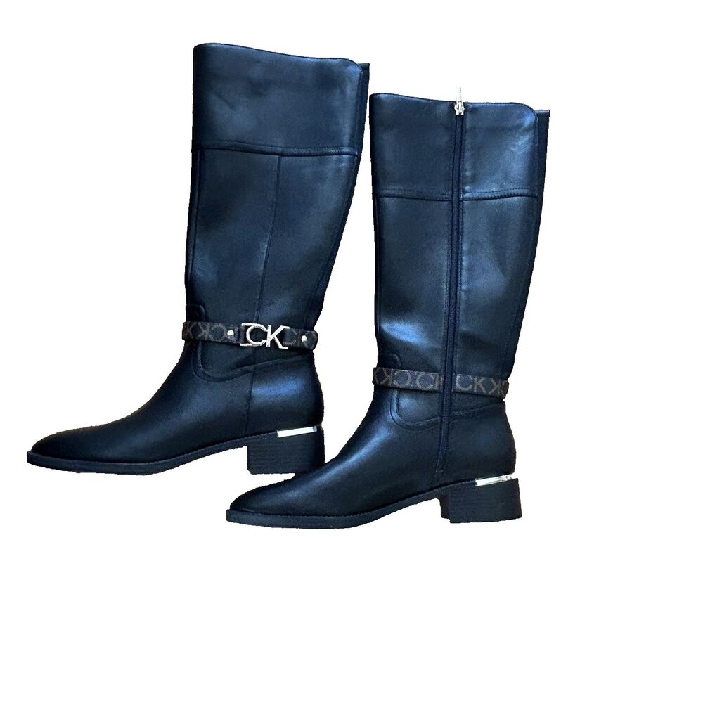 Calvin Klein Daphny Women’s Black Vegan Leather Zip Knee Boots Size US 11 New